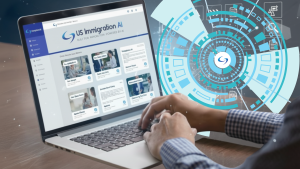 A close-up shot of a person's hands typing on a laptop displaying a modern, professional website with the title "US Immigration AI." The background is a dark blue with abstract geometric shapes and light effects.